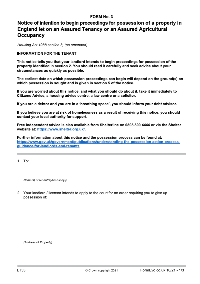 LT33 Notice seeking possession of a property let on an assured tenancy or an assured agricultural occupancy Housing Act 1988 Section 8 as amended Form 3 England [LTA3 HA32] preview